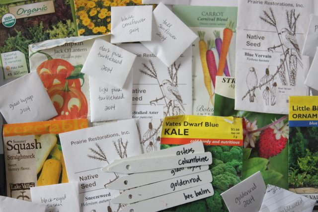 a pile of flower and vegetable seed packets with handwritten plastic plant markers