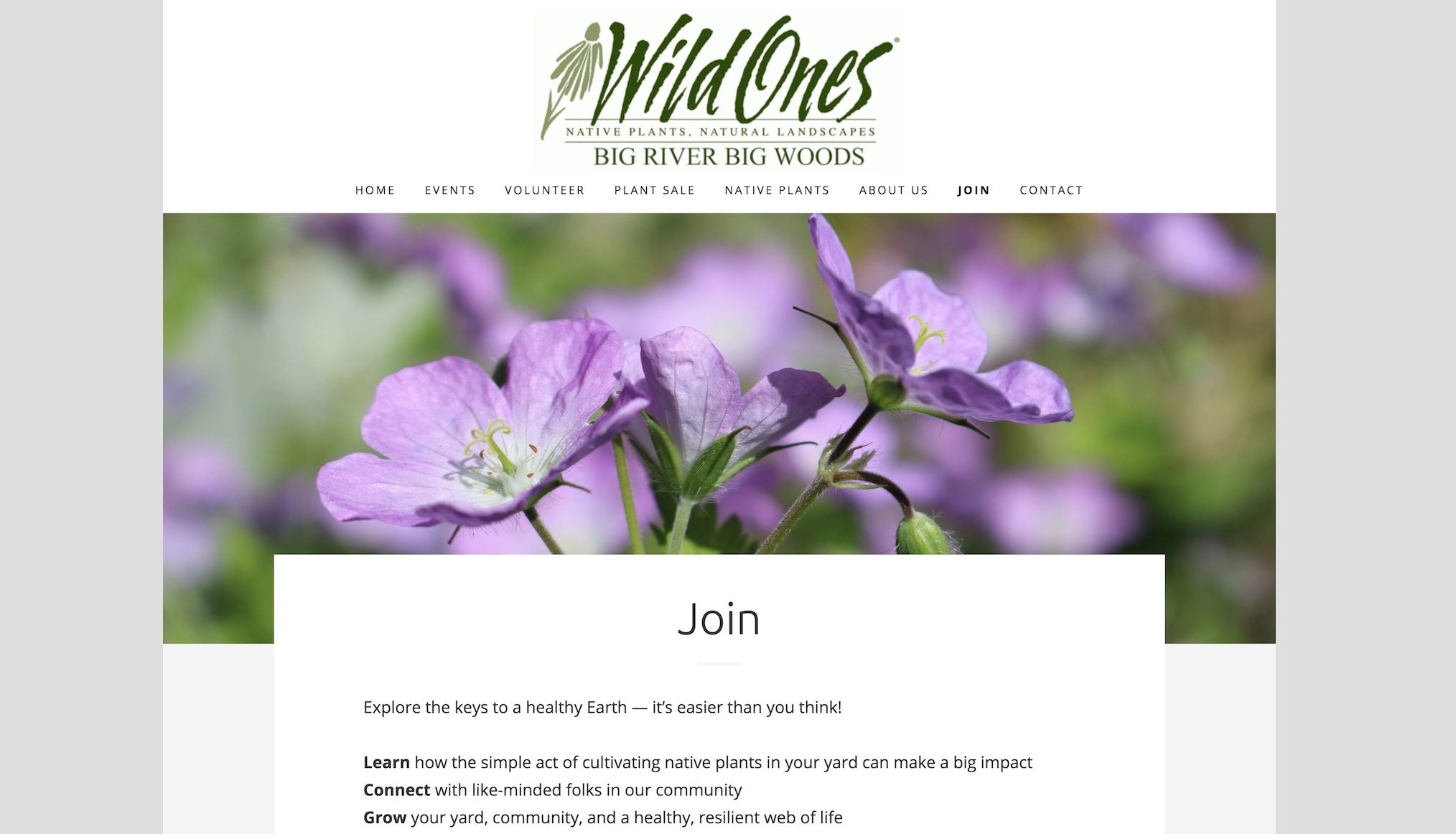 Screen shot of the Wild Ones Big River Big Woods website, with an image of wild geranium near the top.