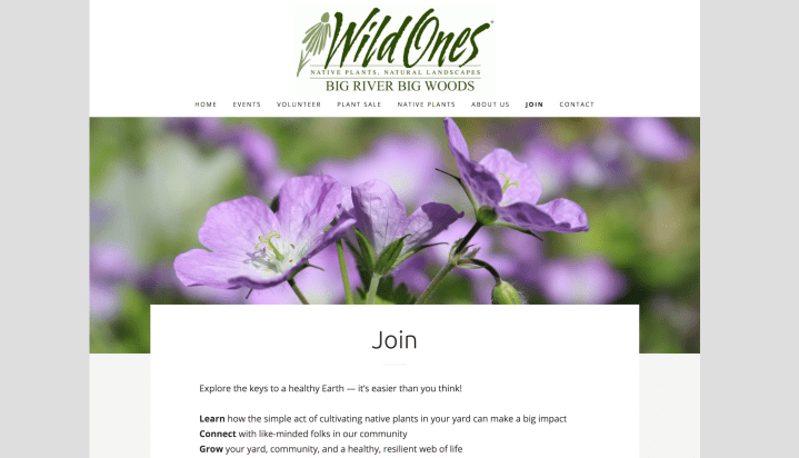 Screen shot of the Wild Ones Big River Big Woods website, with an image of wild geranium near the top.